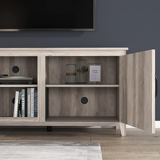Entertainment Stand with 4 Storage Compartments, Media Center Console Table 60", Flat Screen TV Cabinet w/2 Doors for Living Room, 70 inch, Gray - LeafyLoom
