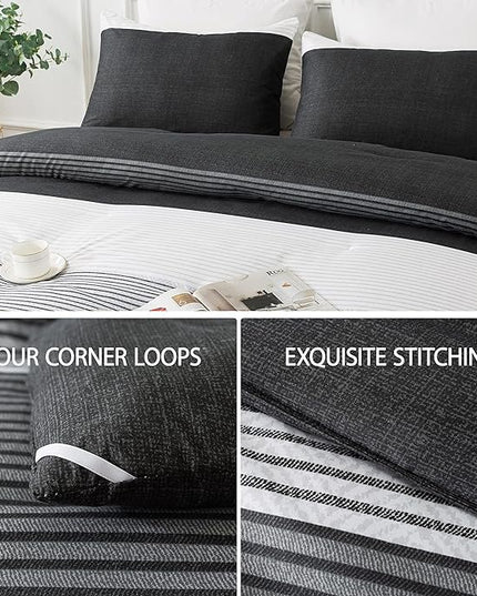 Andency Full Size Comforter Set,3 Pieces Black White Gray Patchwork Striped Comforter(79x90 Inch), Soft Microfiber Down Alternative Full Comforter Bedding Sets with Corner Loops - LeafyLoom