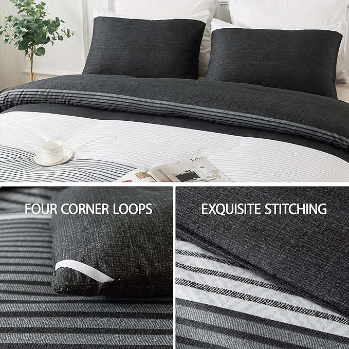 Andency Full Size Comforter Set,3 Pieces Black White Gray Patchwork Striped Comforter(79x90 Inch), Soft Microfiber Down Alternative Full Comforter Bedding Sets with Corner Loops - LeafyLoom
