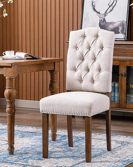 Stylish Upholstered Nailhead Trim and Sturdy Solid Wood Legs Parson Dining Chair, Set of 2, Beige - LeafyLoom