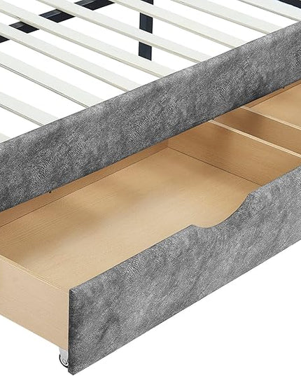 Full Size Daybed with 2 Storage Drawers,Linen Upholstered Sofa Bed W/Button on Back & Copper Nail on Waved Shape Armrests,No Spring Box Need,Wood Bedframe for Living Room Bedroom Dorm,Grey - LeafyLoom