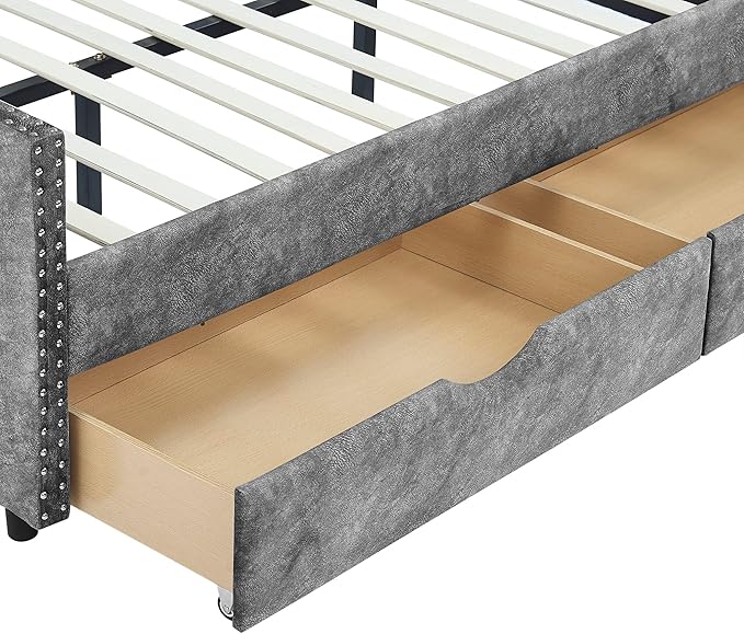 Full Size Daybed with 2 Storage Drawers,Linen Upholstered Sofa Bed W/Button on Back & Copper Nail on Waved Shape Armrests,No Spring Box Need,Wood Bedframe for Living Room Bedroom Dorm,Grey - LeafyLoom