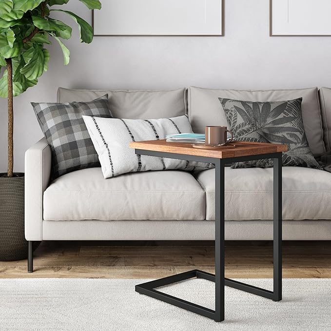 SIMPLIHOME Skyler SOLID MANGO WOOD and Metal 20 inch Wide Rectangle Wide C Side Table in Dark Cognac Brown, Fully Assembled, for the Living Room and Bedroom - LeafyLoom