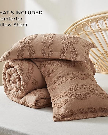 Bedsure Twin/Twin XL Size Comforter Set Taupe, Boho Tufted Bedding Comforter Set, Farmhouse Jacquard Cable Knit Pattern Bed Set, 2 Pieces, 1 Shabby Chic Fluffy Comforter & 1 Pillow Sham - LeafyLoom