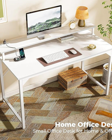 SUPERJARE 47 inch Computer Desk with LED Lights & Power Outlets, Home Office Desk with Monitor Shelf, Small Desk for Home & Office, White - LeafyLoom