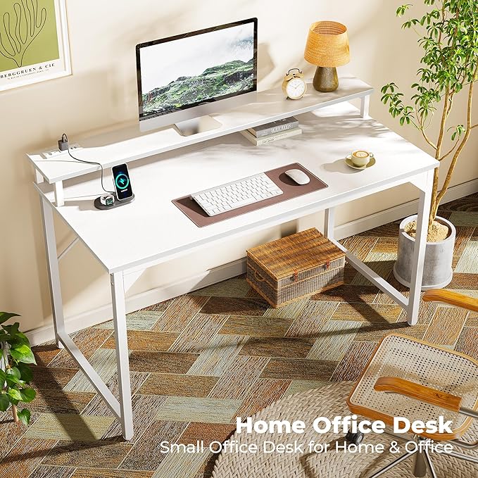 SUPERJARE 47 inch Computer Desk with LED Lights & Power Outlets, Home Office Desk with Monitor Shelf, Small Desk for Home & Office, White - LeafyLoom