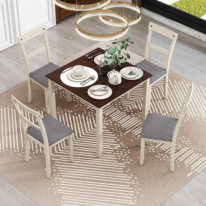 NicBex Small Dining Table Set for 4 Breakfast Nook Table Set 5 Piece Dining Table Set Industrial Wooden Kitchen Table and 4 Chairs for Dining Room, Living Room, Brown + Cottage White - LeafyLoom