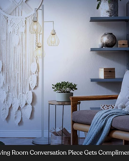 Brightech Teardrop LED Floor Lamp – Tree Standing Lamp with 3 Elegant Cage Heads & Edison Bulbs – Standing Lamp for Living Rooms & Offices – Tall Standing Lamp Ideal for Bedroom Reading – Alpine White - LeafyLoom