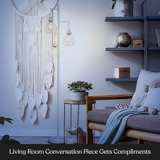 Brightech Teardrop LED Floor Lamp – Tree Standing Lamp with 3 Elegant Cage Heads & Edison Bulbs – Standing Lamp for Living Rooms & Offices – Tall Standing Lamp Ideal for Bedroom Reading – Alpine White - LeafyLoom