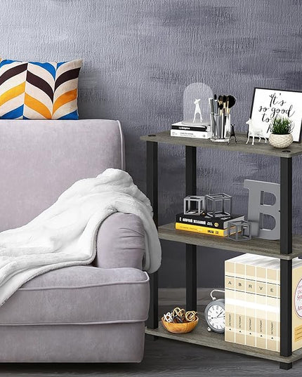 Furinno Turn-S-Tube 3-Tier Compact Multipurpose Shelf Display Rack with Square Tube, French Oak Grey/Black - LeafyLoom