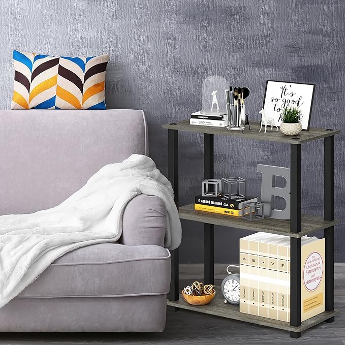 Furinno Turn-S-Tube 3-Tier Compact Multipurpose Shelf Display Rack with Square Tube, French Oak Grey/Black - LeafyLoom