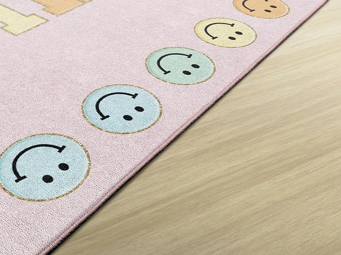 Flagship Carpets Schoolgirl Style This is Our Happy Place on Pink Educational Area Rug for Kids Room Seating Décor, Children's Classroom, Play Carpet for Teaching and Playroom, 7'6" x 12' - LeafyLoom