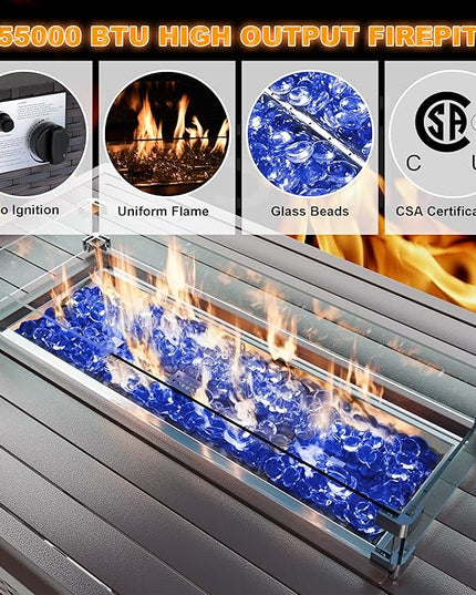 Patio Furniture Set with Fire Pit Table 8 PCS Outdoor Sectional Furniture Outdoor Rattan Patio Conversation Sets with 43in 55,000 BTU Propane Gas Fire Pit Table Glass Table, Blue - LeafyLoom