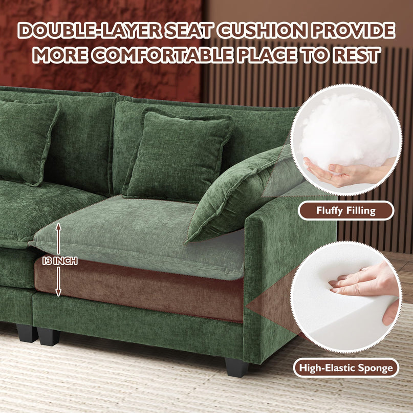 Ihanherry 111.4" L Shaped Modern Sofa Modular Sectional Cloud Couch with Ottoman, 4-Seat Chenille Deep Seat Sofa with Pillow for Living Room, Bedroom and Apartment, Beige LeafyLoom
