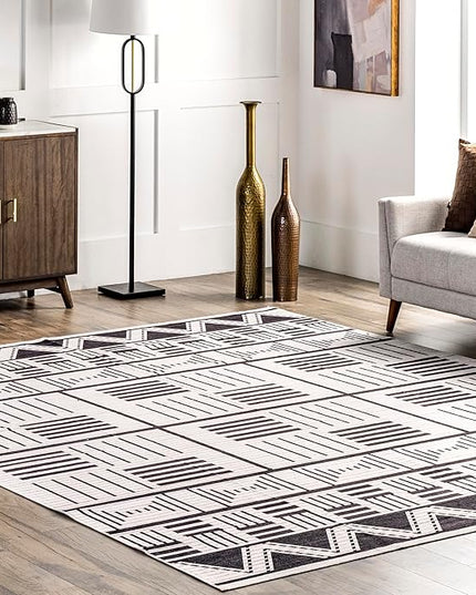 nuLOOM Evia Tribal Stripes Machine Washable Ultra Thin Area Rug, 8' x 10', Charcoal - LeafyLoom
