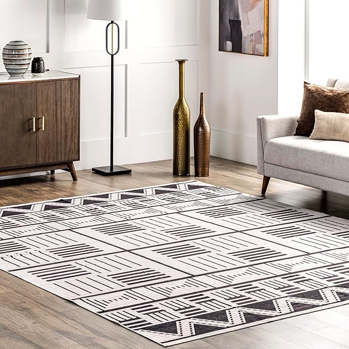 nuLOOM Evia Tribal Stripes Machine Washable Ultra Thin Area Rug, 8' x 10', Charcoal - LeafyLoom