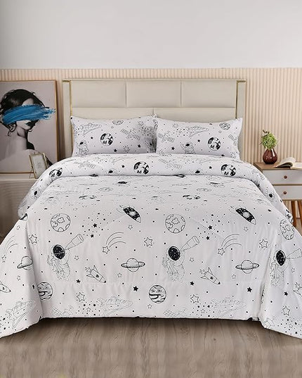 MAG 3Pcs Out Space Bedding Comforter Set, White Galaxy Comforter Set,for Toddlers Kids,Boys Teens and Girls,Super Soft Microfiber (1 Comforter + 2 Pillowcases) (Space, Full) - LeafyLoom