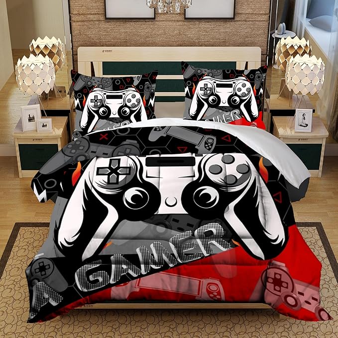 Sunnycitron Red Gamer Comforter Set for Boys Gaming Bedding Set Teens Game Room Decor Twin (1 Comforter + 2 Pillowcase) - LeafyLoom