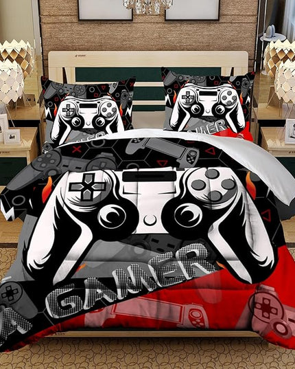 Sunnycitron Red Gamer Comforter Set for Boys Gaming Bedding Set Teens Game Room Decor Queen (1 Comforter + 2 Pillowcase) - LeafyLoom