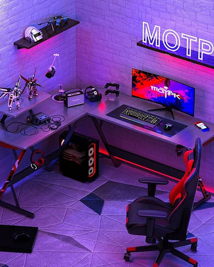 MOTPK L Shaped Gaming Desk 58 Inch, Gaming Computer Desk L Shape with Carbon Fiber Surface, Gamer Desk Gaming Table with Monitor Shelf, Cup Holder & Headphone Hook, Black - LeafyLoom