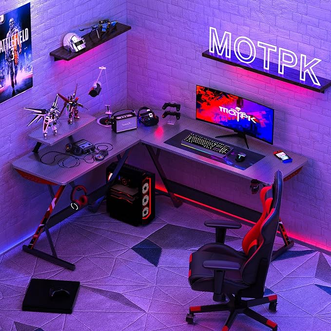 MOTPK L Shaped Gaming Desk 58 Inch, Gaming Computer Desk L Shape with Carbon Fiber Surface, Gamer Desk Gaming Table with Monitor Shelf, Cup Holder & Headphone Hook, Black - LeafyLoom
