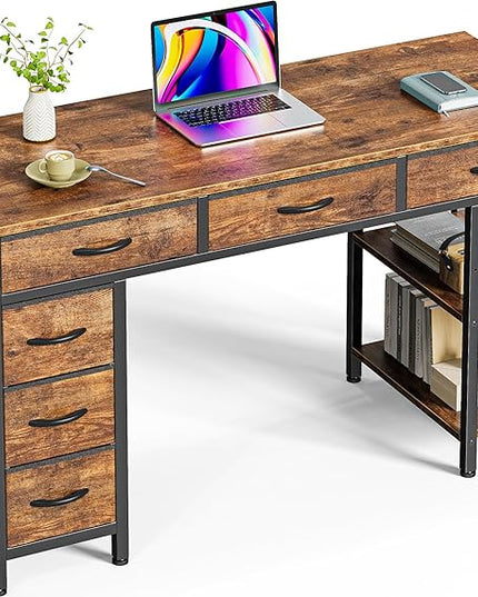 Computer Desk with 6 Drawers, 47 Inch Office Desk with Shelves, Reversible Gaming Desk, Corner Desk with Storage, Work Desk for Home Office, Study, Living Room, Rustic Brown - LeafyLoom
