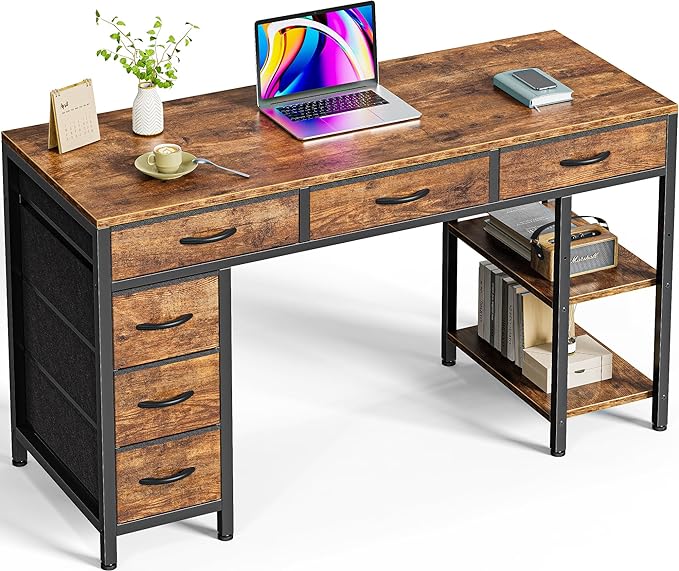 Computer Desk with 6 Drawers, 47 Inch Office Desk with Shelves, Reversible Gaming Desk, Corner Desk with Storage, Work Desk for Home Office, Study, Living Room, Rustic Brown - LeafyLoom