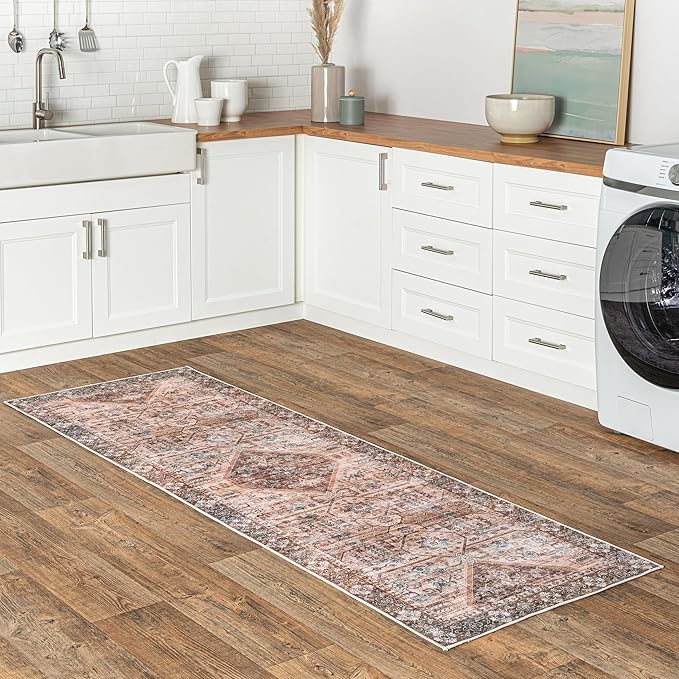 nuLOOM Devin Machine Washable Vintage Medallion Ultra Thin Runner Rug, 2' 6" x 10', Light Brown - LeafyLoom