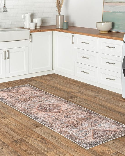 nuLOOM Devin Machine Washable Vintage Medallion Ultra Thin Runner Rug, 2' 6" x 8', Light Brown - LeafyLoom