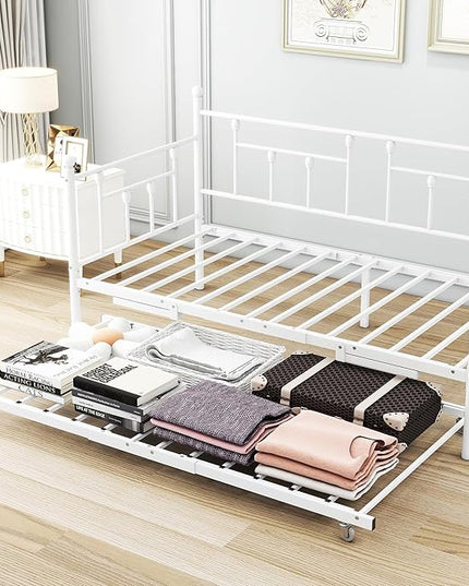 Twin Daybed with Trundle/Steel Slat Support/Space Saving Trundle Bed and Multi-Functional Furniture for Living Room and Guest Room, White - LeafyLoom
