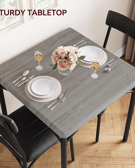 IDEALHOUSE Dining Table Set, Kitchen Table and Chairs for 2, Metal and Wood Square Dining Room Table Set with 2 Upholstered Chairs, 3 Piece Dining Table Set for Small Space, Apartment, Rustic Grey - LeafyLoom