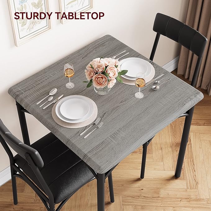IDEALHOUSE Dining Table Set, Kitchen Table and Chairs for 2, Metal and Wood Square Dining Room Table Set with 2 Upholstered Chairs, 3 Piece Dining Table Set for Small Space, Apartment, Rustic Grey - LeafyLoom