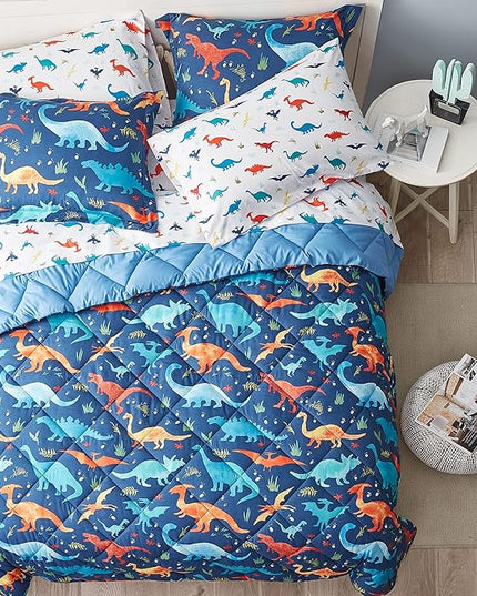 Kids Twin Bedding Comforter Set for Boys, 5 Pieces Soft Lightweight Dinosaur Bedding Twin Set with Sheets, Bed in a Bag, Durable Boys Twin Comforter Set - LeafyLoom