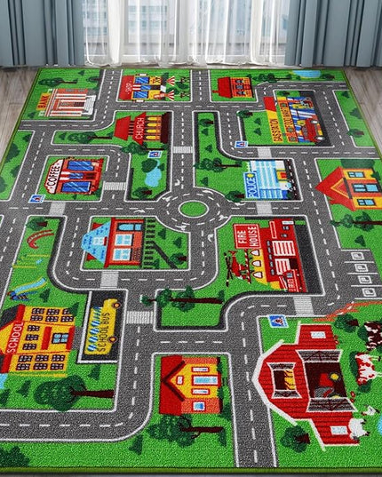 Kids Carpet Playmat Rug 78.7"x59", Car Rug for Kids Cars, Non-Slip Town City Road Map Kids Rug for Playroom Bedroom Boys, Kids Car Mat Road Rug, Track Rug Car Play Rug for Kids (78.7X59 INCH) - LeafyLoom