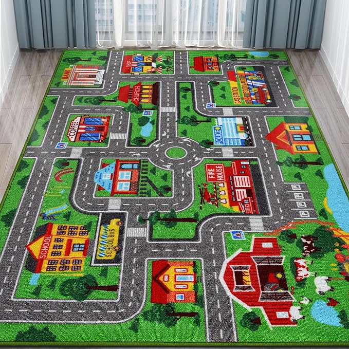 Kids Carpet Playmat Rug 78.7"x59", Car Rug for Kids Cars, Non-Slip Town City Road Map Kids Rug for Playroom Bedroom Boys, Kids Car Mat Road Rug, Track Rug Car Play Rug for Kids (78.7X59 INCH) - LeafyLoom