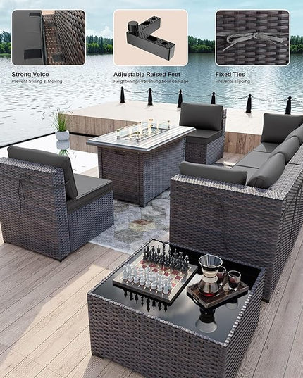 Kullavik 8 Pieces Outdoor Patio Furniture Set with 43" Gas Propane Fire Pit Table PE Wicker Rattan Sectional Sofa Patio Conversation Sets,Grey - LeafyLoom