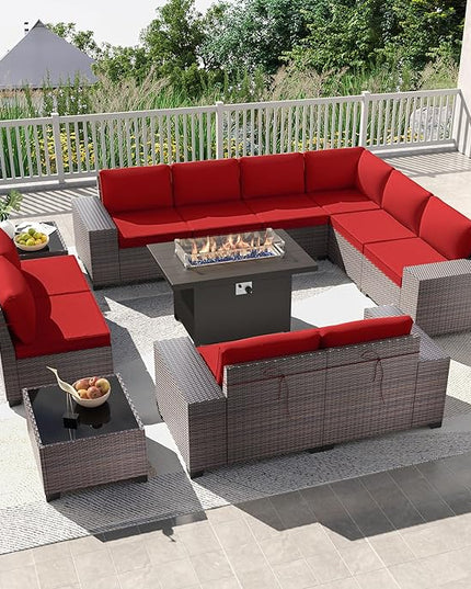 Kullavik 13PCS Outdoor Patio Furniture Set with 43" 55000BTU Gas Propane Fire Pit Table PE Wicker Rattan Sectional Sofa Patio Conversation Sets,Red - LeafyLoom