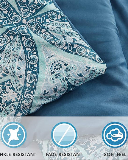Comfort Spaces Bed in A Bag - Trendy Casual Design Cozy Comforter with Complete Sheet Set with Side Pocket, All Season Cover, Matching Shams, Full(80"x90"), Gloria, Damask Blue 9 Piece - LeafyLoom
