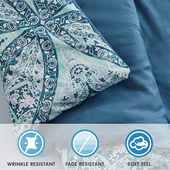Comfort Spaces Bed in A Bag - Trendy Casual Design Cozy Comforter with Complete Sheet Set with Side Pocket, All Season Cover, Matching Shams, Full(80"x90"), Gloria, Damask Blue 9 Piece - LeafyLoom