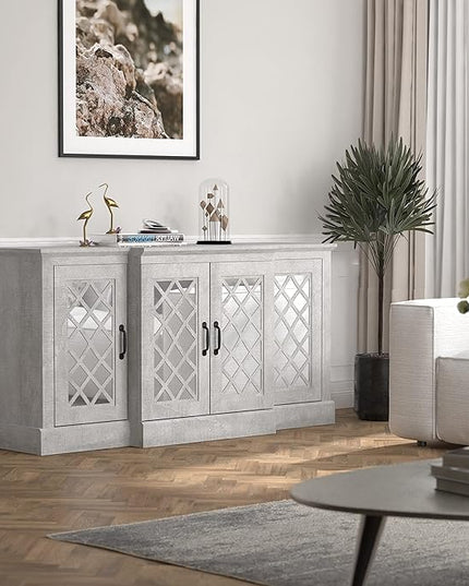 Galano Millicent Wide Sideboard Buffet Cabinet, Kitchen Storage Cabinet with Acrylic Mirror Doors, Cupboard Console Table, Rustic Farmhouse Buffet Display for Coffee Bar, Dusty Grey Oak - LeafyLoom