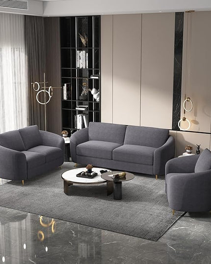 Living Room Furniture Sets, Sofa Couch Modern with Scooped Armrest/legs, Upholstered Linen 3-seat, Loveseat and Armchair with Removable Cushions for Bedroom, Apartment, Grey-v97 - LeafyLoom