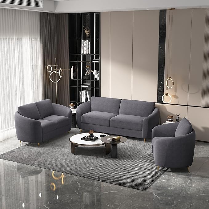 Living Room Furniture Sets, Sofa Couch Modern with Scooped Armrest/legs, Upholstered Linen 3-seat, Loveseat and Armchair with Removable Cushions for Bedroom, Apartment, Grey-v97 - LeafyLoom