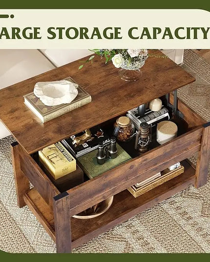 WLIVE Coffee Table, 39" Lift Top Coffee Table with Hidden Compartment and Storage Shelf for Living Room, Rustic Brown - LeafyLoom