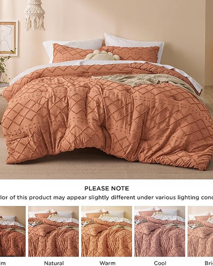 Bedsure Queen Comforter Set - Pumpkin Comforter, Boho Tufted Shabby Chic Bedding Comforter Set, 3 Pieces Vintage Farmhouse Bed Set for All Seasons, Fluffy Soft Bedding Set with 2 Pillow Shams - LeafyLoom