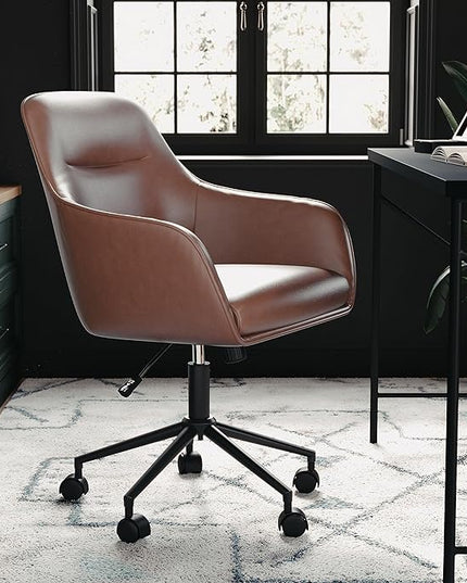 Martha Stewart Rayna Swivel Task Chair with Flared Arms for Home Office in Saddle Brown Faux Leather with Oil Rubbed Bronze Frame - LeafyLoom
