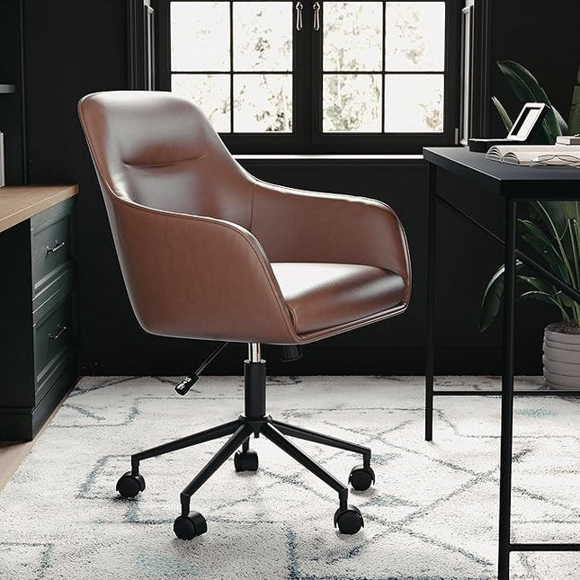 Martha Stewart Rayna Swivel Task Chair with Flared Arms for Home Office in Saddle Brown Faux Leather with Oil Rubbed Bronze Frame - LeafyLoom
