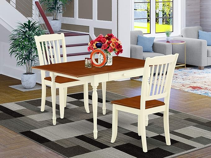 East West Furniture MZDA3-WHI-W Monza 3 Piece Set for Small Spaces Contains a Rectangle Dining Room Table with Dropleaf and 2 Wooden Seat Chairs, 36x54 Inch - LeafyLoom