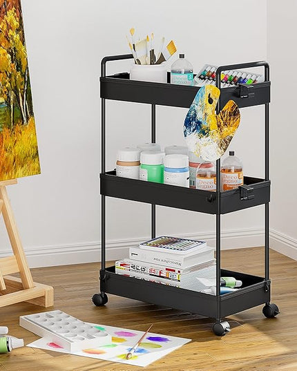 Ronlap 3 Tier Classic Storage Rolling Cart, Slim Storage Cart with Wheels Slide Out Storage Rolling Cart Organizer Plastic Utility Carts for Bathroom Laundry Room Kitchen Office Narrow Place, Black - LeafyLoom