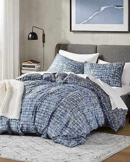 Hyde Lane Blue Full/Queen Comforter Set for Men, Modern Farmhouse Aesthetic Soft Bedding, Masculine Plaid Lines Pattern Bed Sets for All Season, 3 Pieces includes 1 Comforter, 2 Shams (90"x 90") - LeafyLoom