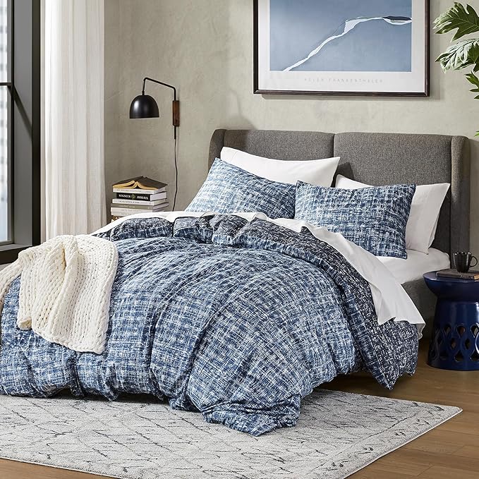 Hyde Lane Blue Full/Queen Comforter Set for Men, Modern Farmhouse Aesthetic Soft Bedding, Masculine Plaid Lines Pattern Bed Sets for All Season, 3 Pieces includes 1 Comforter, 2 Shams (90"x 90") - LeafyLoom